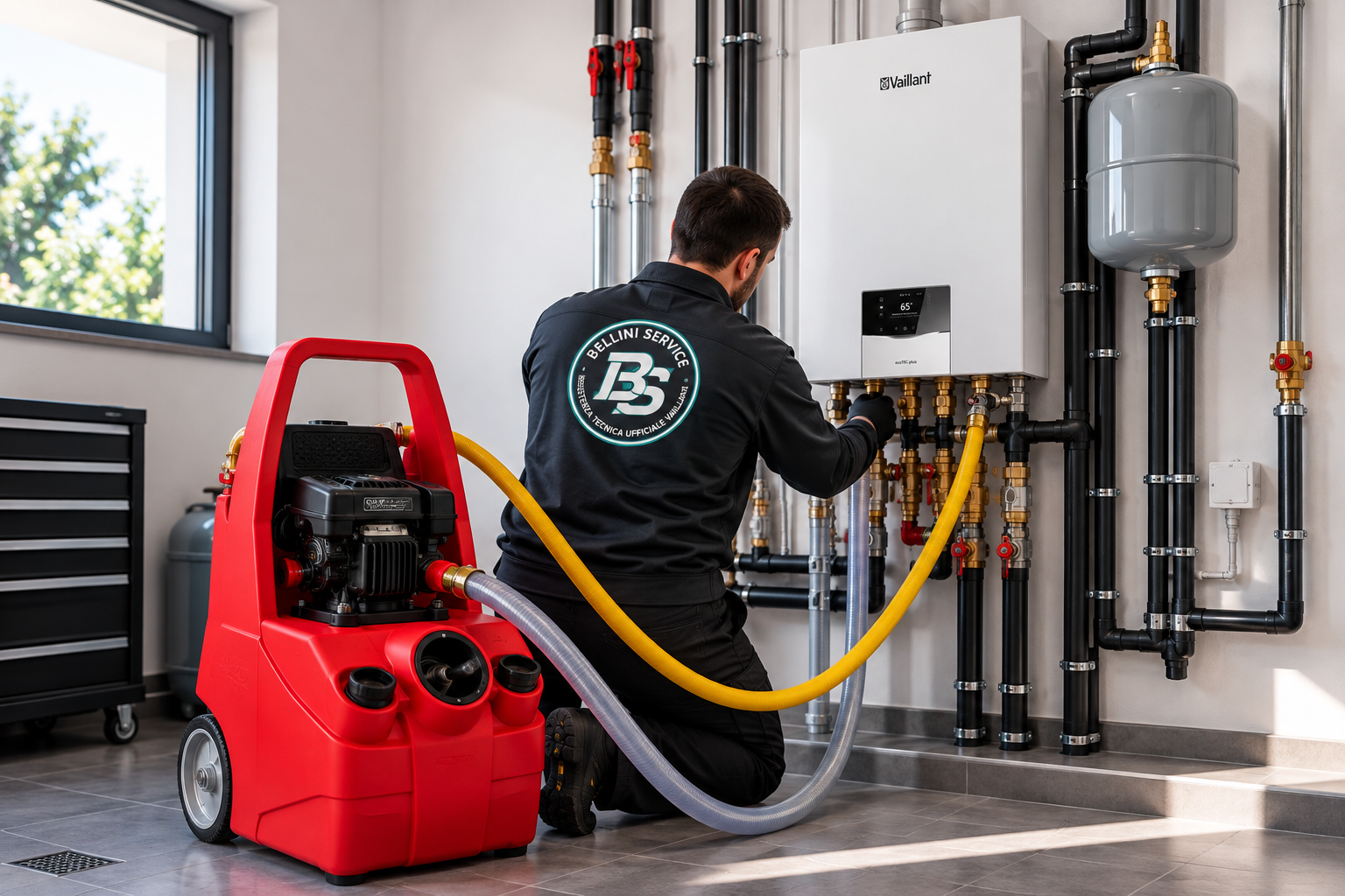 Lavaggio dell'impianto di riscaldamento eseguito da un tecnico Bellini Service su una caldaia Vaillant